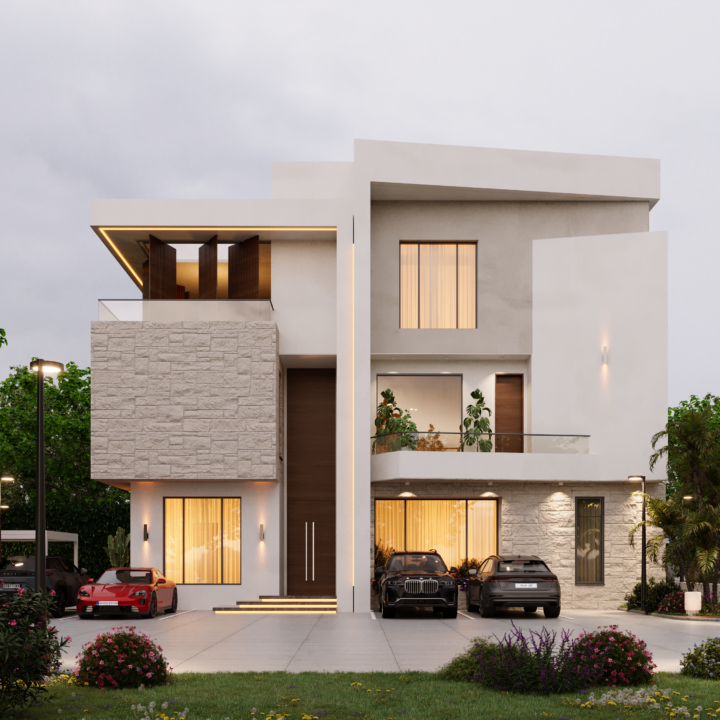 Contemporary multi-level residence with geometric architecture and floor-to-ceiling glazing